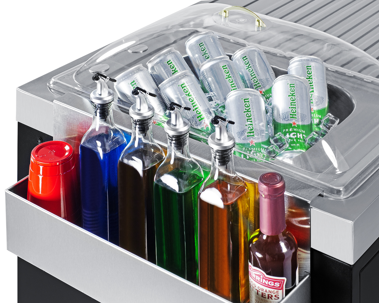 Mobile outdoor serving station with refrigerator, sink, storage cabinet, and slide-out waste bins